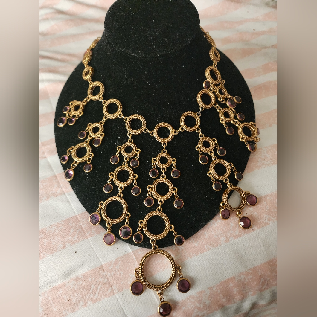 Vintage Goldette Ametgyst Glass Crystal Festoon Bib Collar Necklace